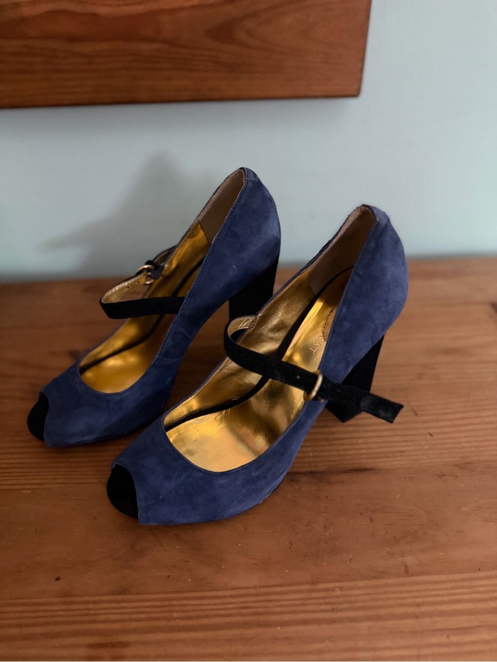 Nine West Blue and black Suede Mary Jane Peep-Toe Heels